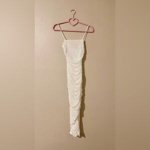 Windsor White Ruched Beaded Maxi Slip Dress